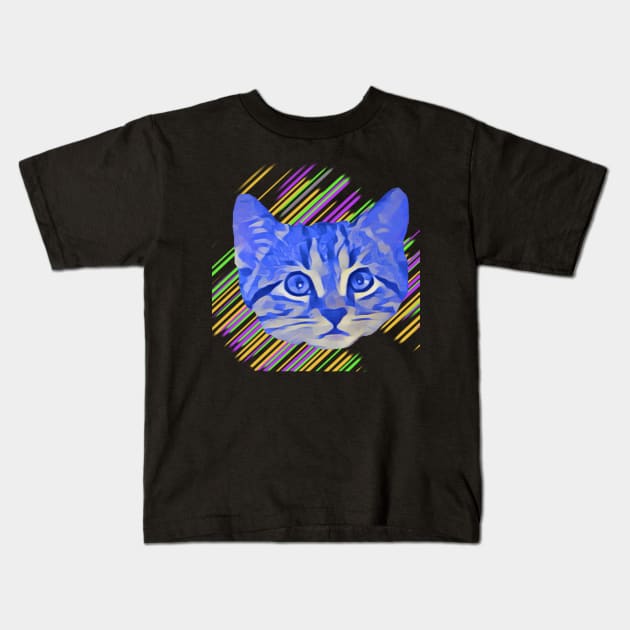 Blue Kitty Face Colorful Stripes Kids T-Shirt by wildjellybeans